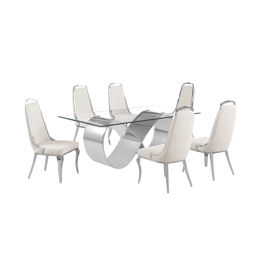 7Pc Tempered Glass Dining Set With 6 Cream Boucle Side Chairs And A Silver Base