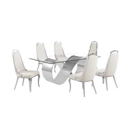7Pc Tempered Glass Dining Set With 6 Cream Boucle Side Chairs And A Silver Base
