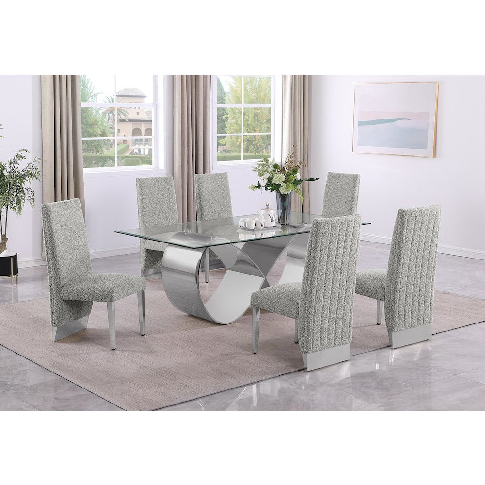 7Pc Tempered Glass Dining Set 6 Rich Gray Boucle Side Chairs And A Silver Base