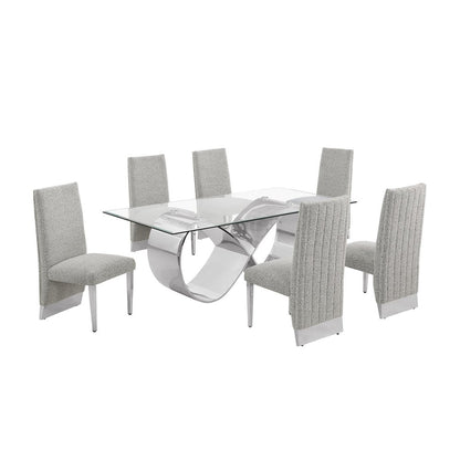 7Pc Tempered Glass Dining Set 6 Rich Gray Boucle Side Chairs And A Silver Base
