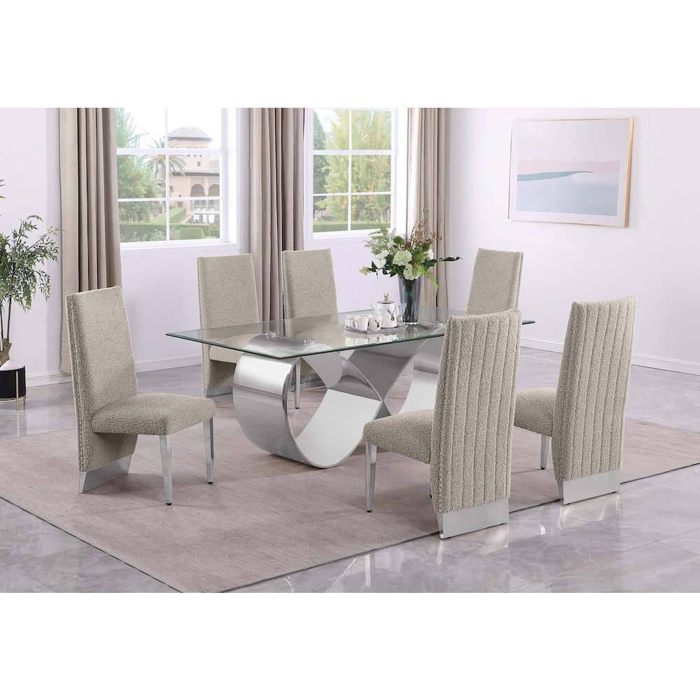 7Pc Tempered Glass Dining Set With 6 Gray Boucle Side Chairs And A Silver Base