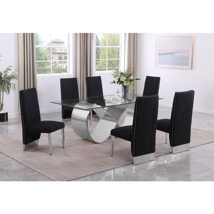 7Pc Tempered Glass Dining Set With 6 Black Boucle Side Chairs And A Silver Base