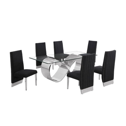 7Pc Tempered Glass Dining Set With 6 Black Boucle Side Chairs And A Silver Base