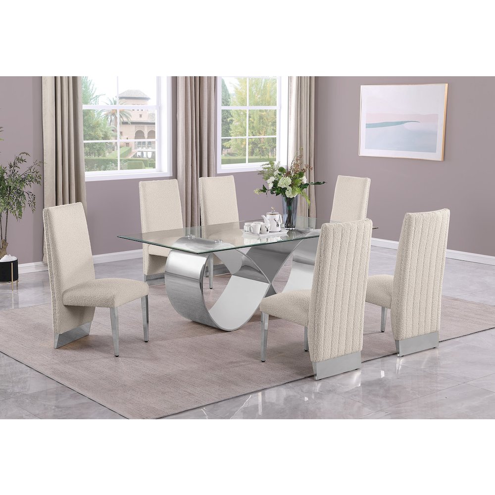 7Pc Tempered Glass Dining Set With 6 Cream Boucle Side Chairs And A Silver Base