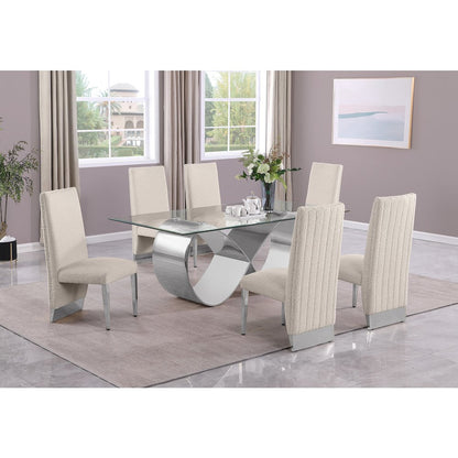 7Pc Tempered Glass Dining Set With 6 Cream Boucle Side Chairs And A Silver Base