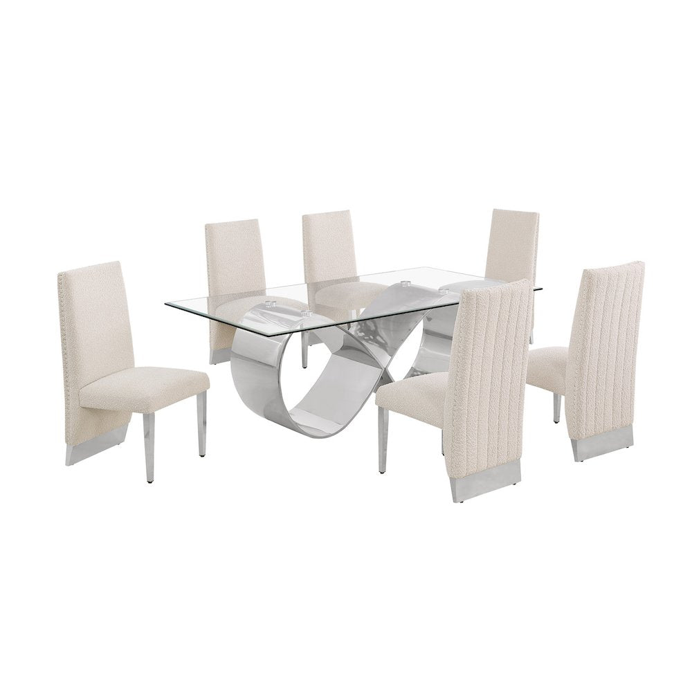 7Pc Tempered Glass Dining Set With 6 Cream Boucle Side Chairs And A Silver Base