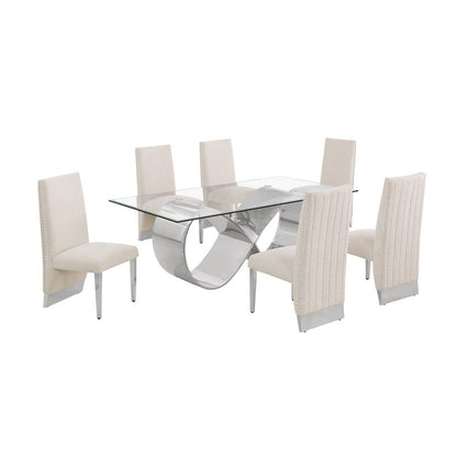7Pc Tempered Glass Dining Set With 6 Cream Boucle Side Chairs And A Silver Base