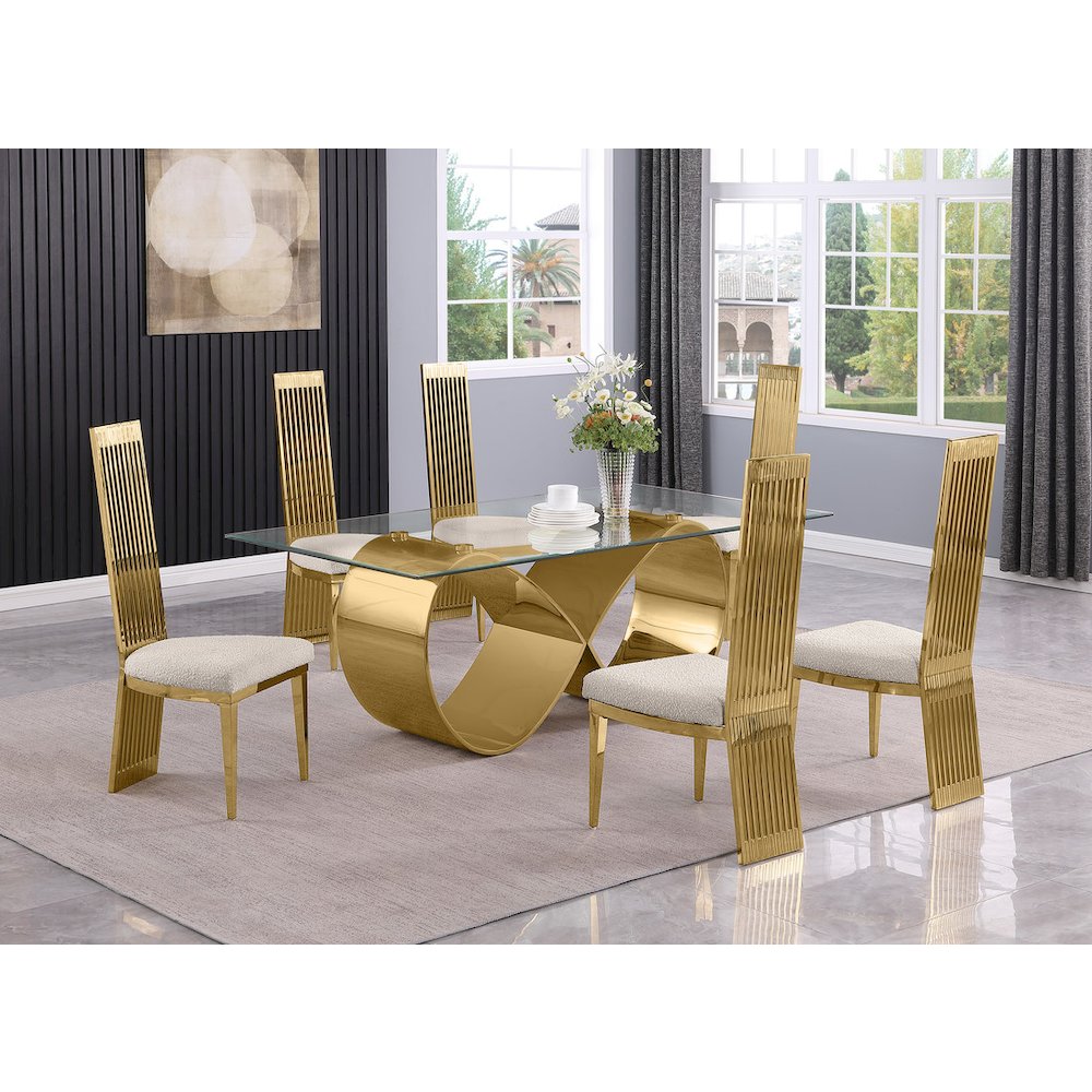 7Pc Tempered Glass Dining Set With 6 Cream Boucle Fabric Side Chairs
