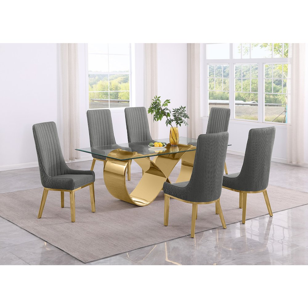 7Pc Tempered Glass Dining Set 6 Rich Gray Boucle Side Chairs And A Gold Base