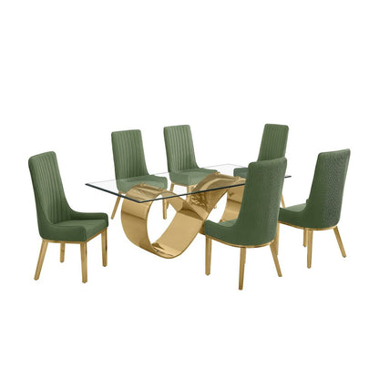 7Pc Tempered Glass Dining Set With 6 Gray Boucle Side Chairs And A Gold Base
