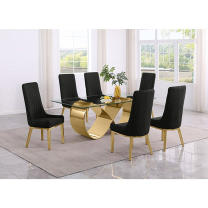 7Pc Tempered Glass Dining Set With 6 Black Boucle Side Chairs And A Gold Base