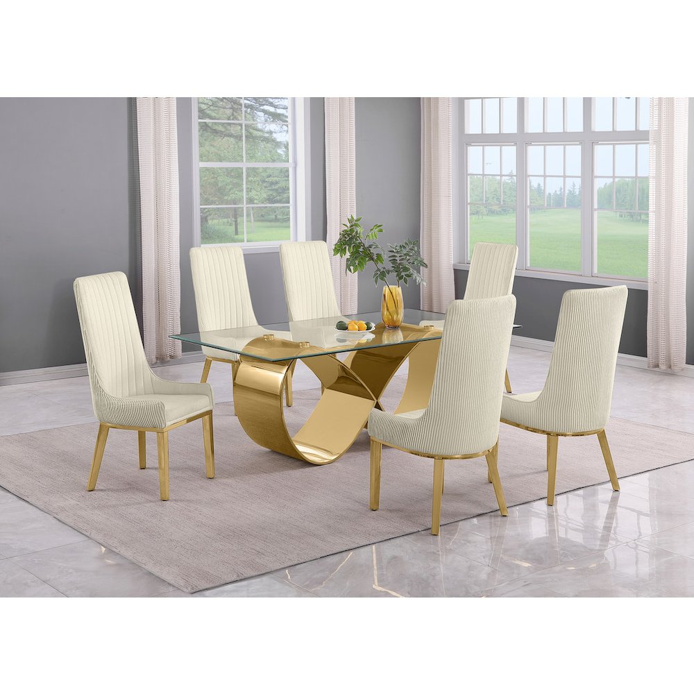 7Pc Tempered Glass Dining Set With 6 Cream Boucle Side Chairs And A Gold Base