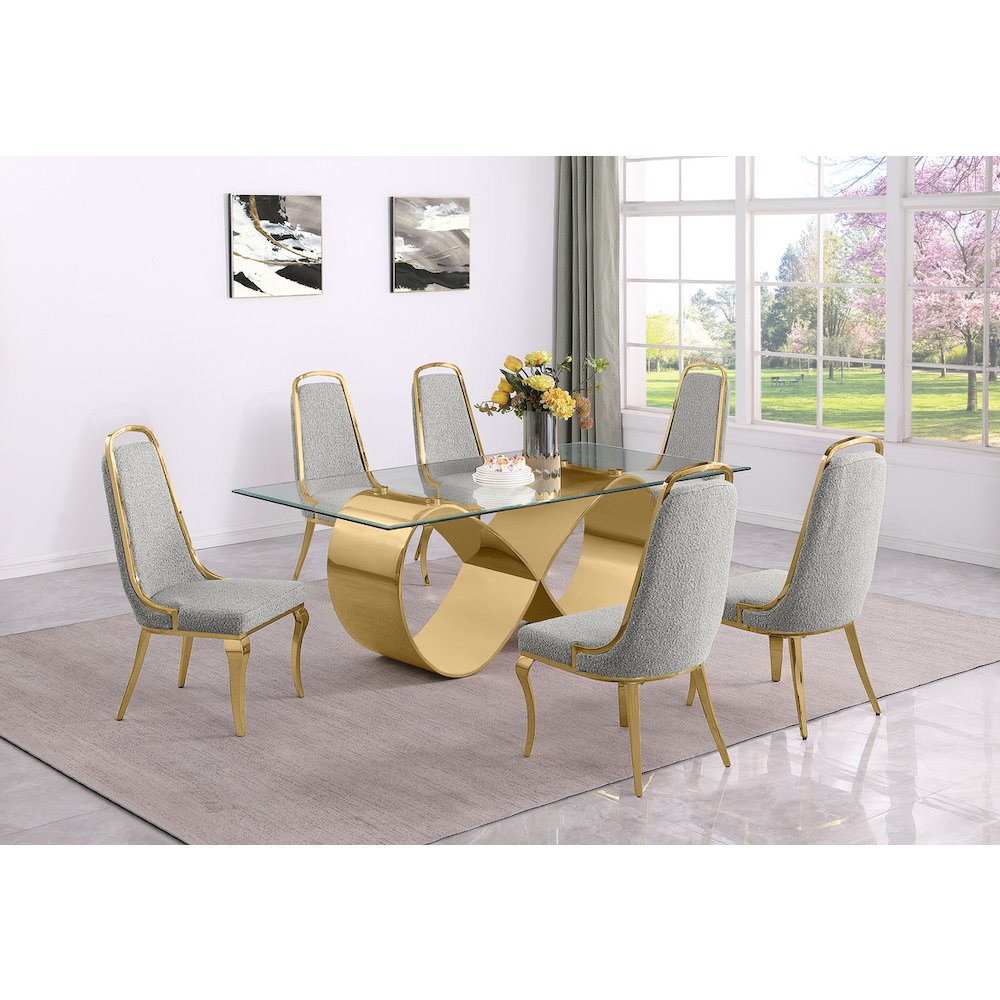 7Pc Tempered Glass Dining Set 6 Rich Gray Boucle Side Chairs And A Gold Base