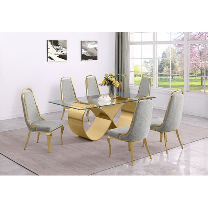 7Pc Tempered Glass Dining Set 6 Rich Gray Boucle Side Chairs And A Gold Base