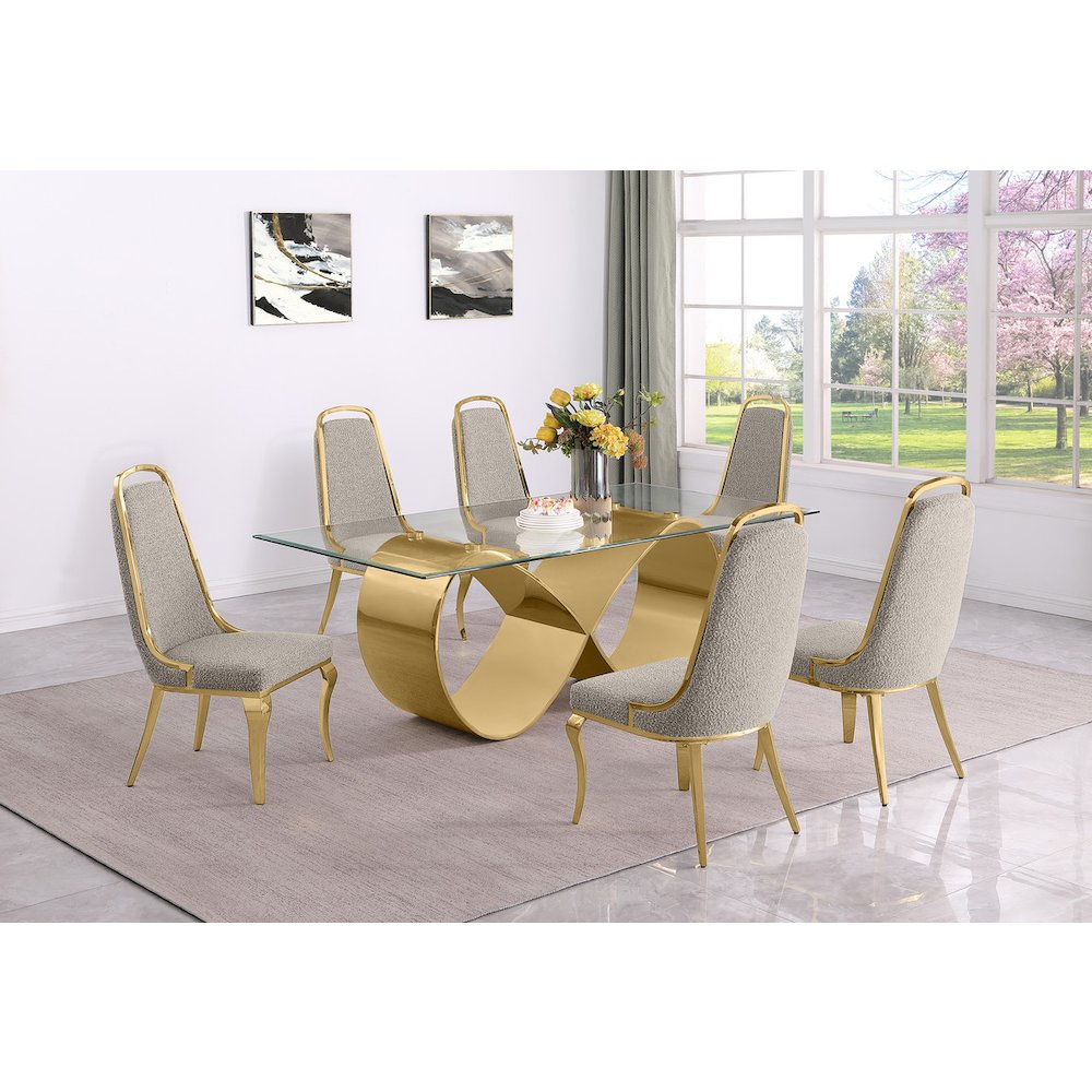 7Pc Tempered Glass Dining Set With 6 Gray Boucle Side Chairs And A Gold Base
