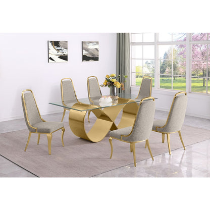 7Pc Tempered Glass Dining Set With 6 Gray Boucle Side Chairs And A Gold Base