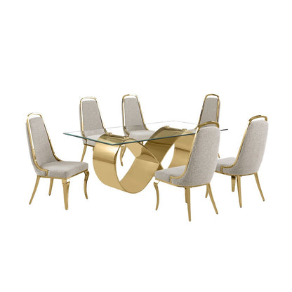 7Pc Tempered Glass Dining Set With 6 Gray Boucle Side Chairs And A Gold Base