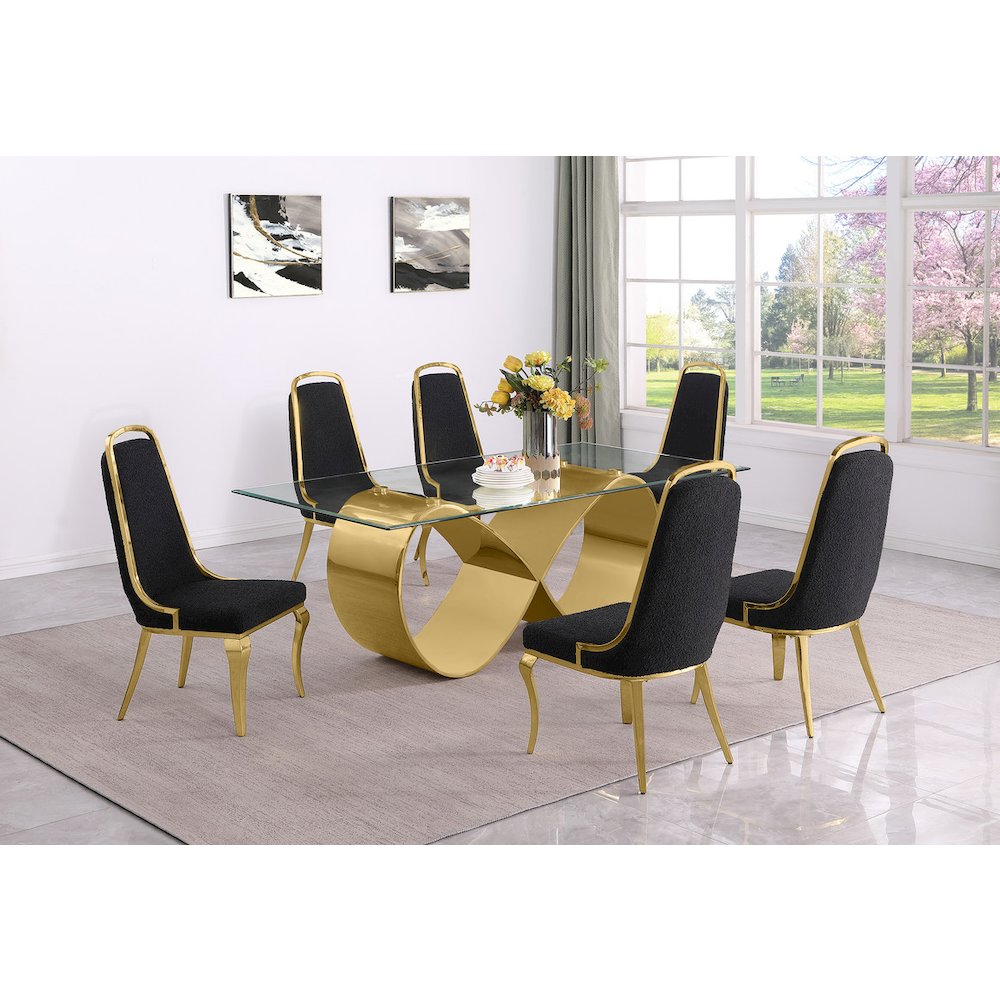 7Pc Tempered Glass Dining Set With 6 Black Boucle Side Chairs And A Gold Base