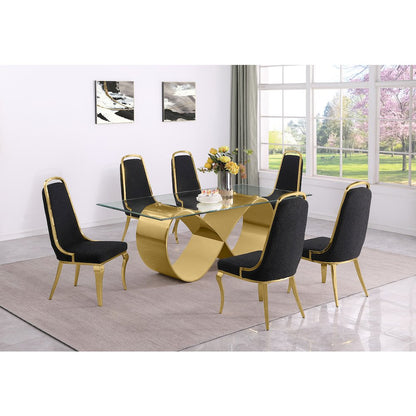 7Pc Tempered Glass Dining Set With 6 Black Boucle Side Chairs And A Gold Base