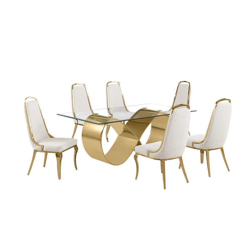 7Pc Tempered Glass Dining Set With 6 Cream Boucle Side Chairs And A Gold Base