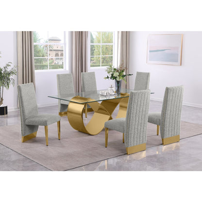 7Pc Tempered Glass Dining Set 6 Rich Gray Boucle Side Chairs And A Gold Base