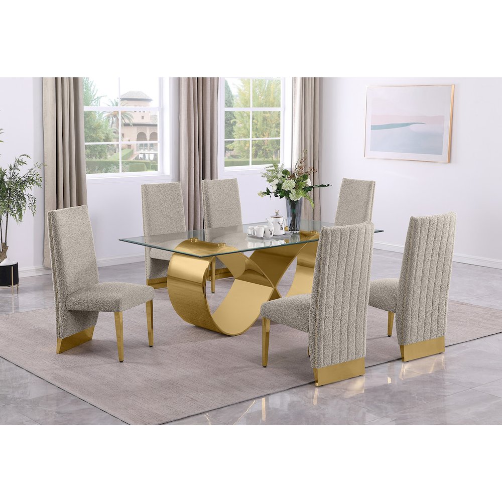 7Pc Tempered Glass Dining Set With 6 Gray Boucle Side Chairs And A Gold Base