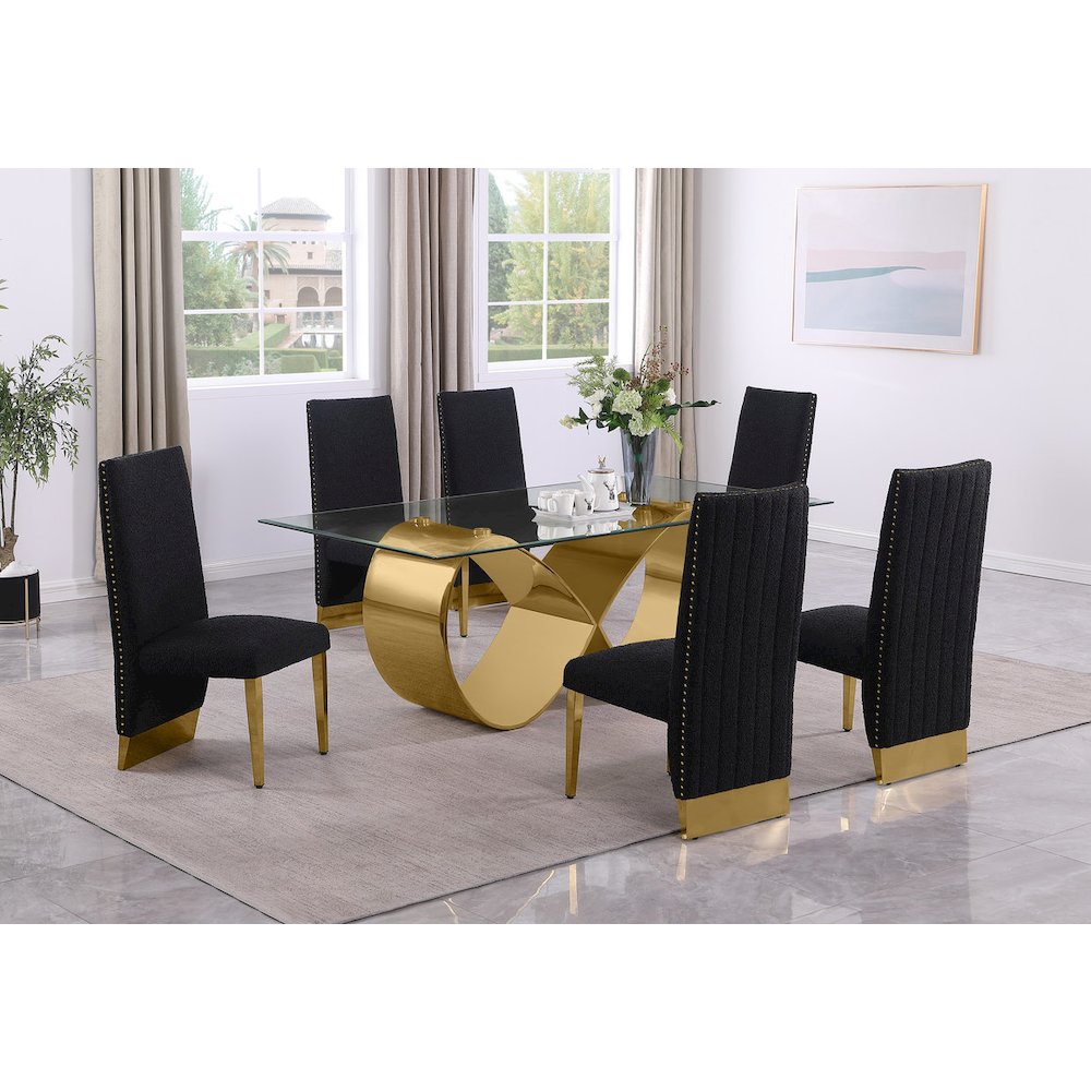 7Pc Tempered Glass Dining Set With 6 Black Boucle Side Chairs And A Gold Base