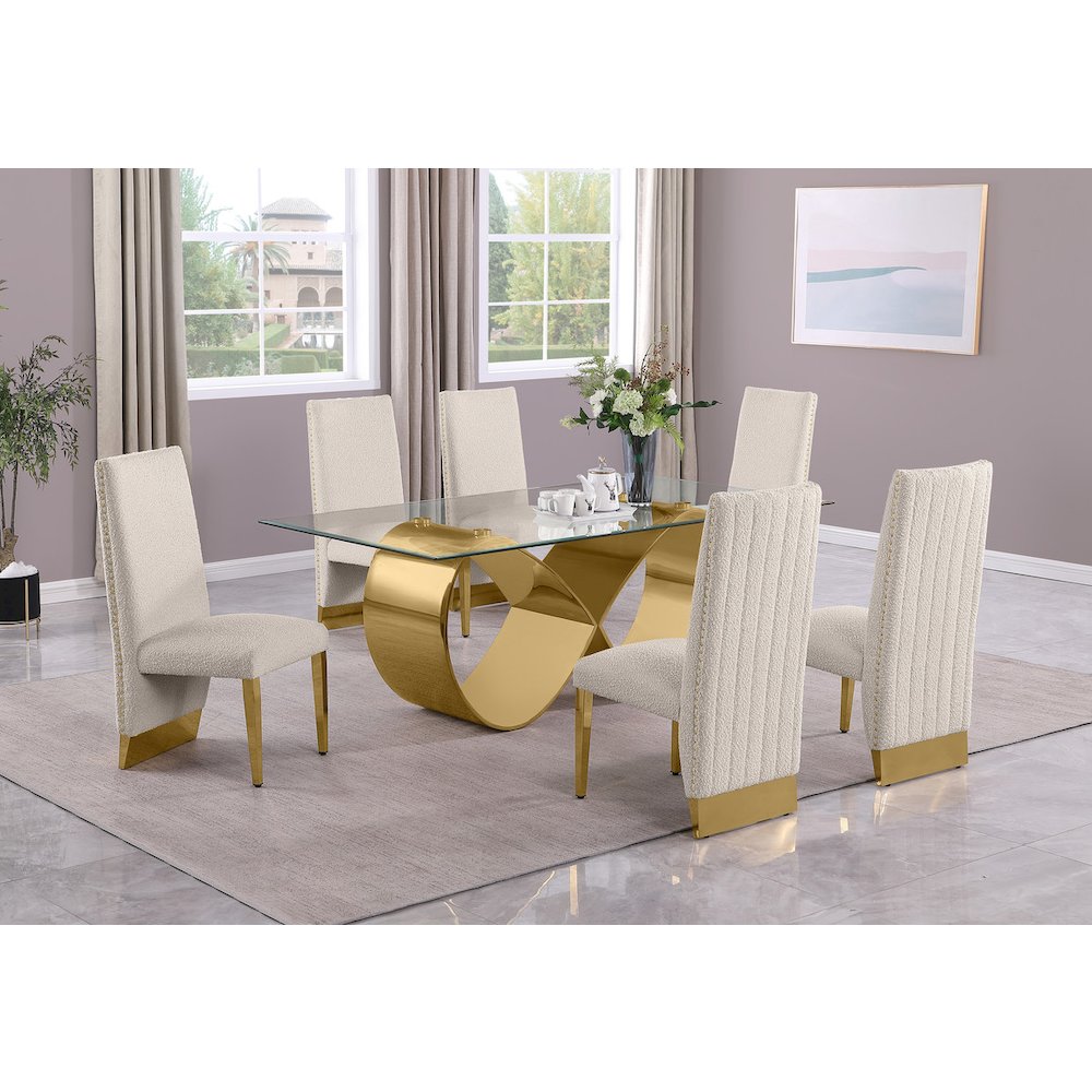 7Pc Tempered Glass Dining Set With 6 Cream Boucle Side Chairs And A Gold Base