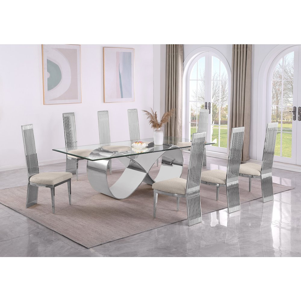 9Pc Tempered Glass Dining Set With 8 Cream Boucle Fabric Side Chairs