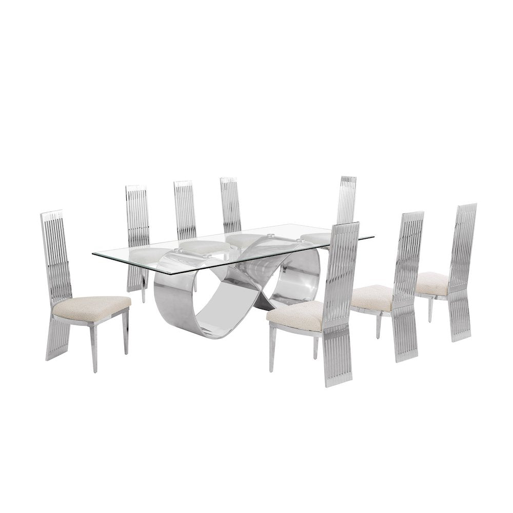 9Pc Tempered Glass Dining Set With 8 Cream Boucle Fabric Side Chairs