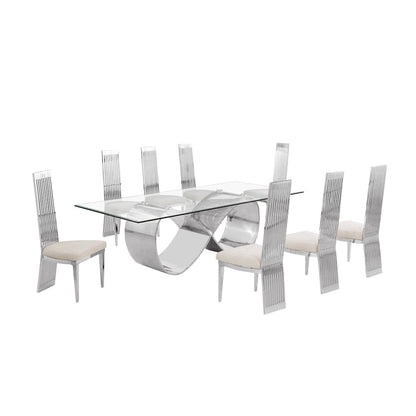 9Pc Tempered Glass Dining Set With 8 Cream Boucle Fabric Side Chairs