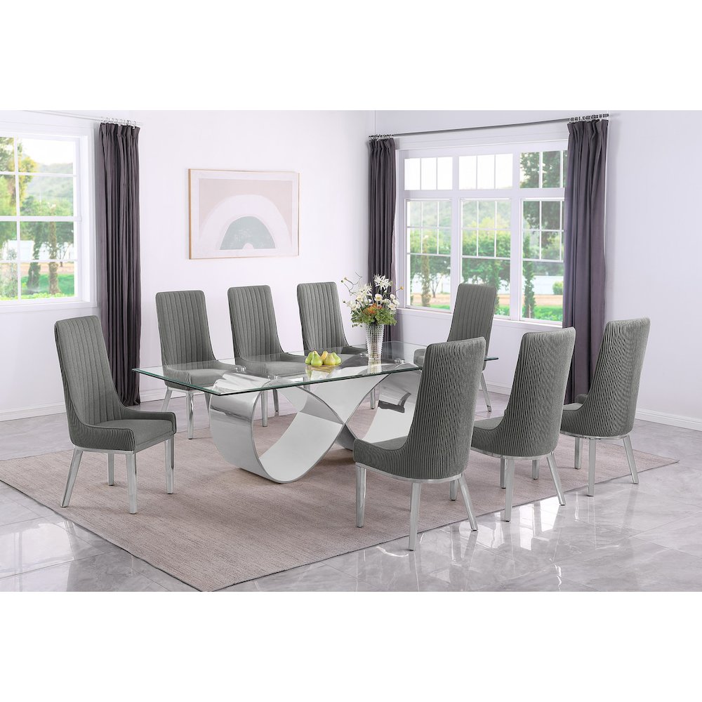 9Pc Tempered Glass Dining Set 8 Rich Gray Boucle Side Chairs And Silver Base