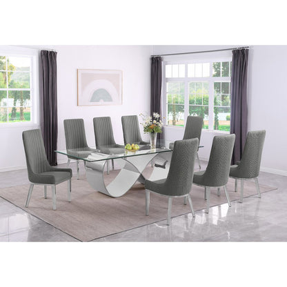 9Pc Tempered Glass Dining Set 8 Rich Gray Boucle Side Chairs And Silver Base