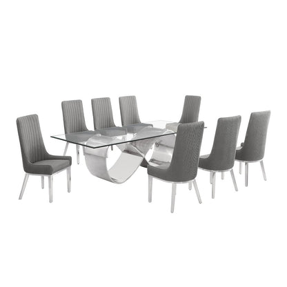 9Pc Tempered Glass Dining Set 8 Rich Gray Boucle Side Chairs And Silver Base