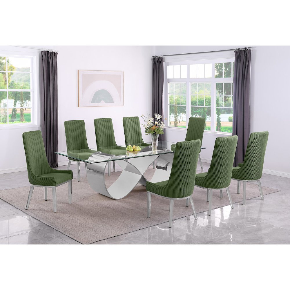 9Pc Tempered Glass Dining Set With 8 Gray Boucle Side Chairs And Silver Base