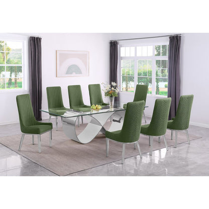 9Pc Tempered Glass Dining Set With 8 Gray Boucle Side Chairs And Silver Base