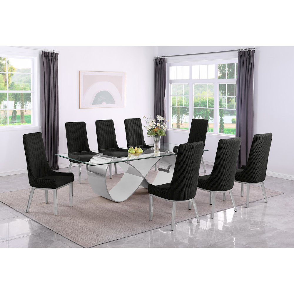 9Pc Tempered Glass Dining Set 8 Black Boucle Side Chairs And Silver Base