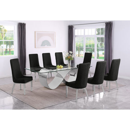 9Pc Tempered Glass Dining Set 8 Black Boucle Side Chairs And Silver Base