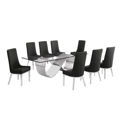 9Pc Tempered Glass Dining Set 8 Black Boucle Side Chairs And Silver Base