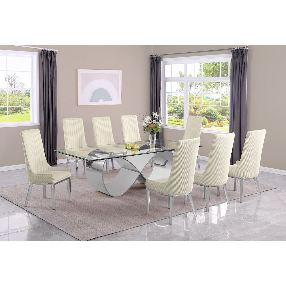 9Pc Tempered Glass Dining Set 8 Cream Boucle Side Chairs And Silver Base