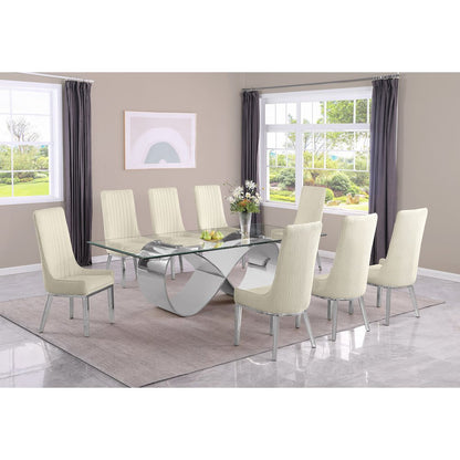 9Pc Tempered Glass Dining Set 8 Cream Boucle Side Chairs And Silver Base