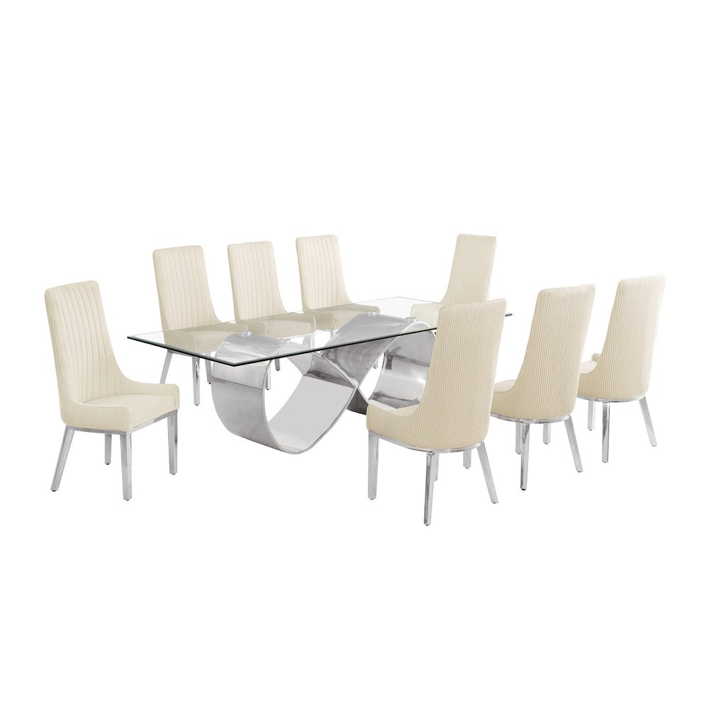 9Pc Tempered Glass Dining Set 8 Cream Boucle Side Chairs And Silver Base