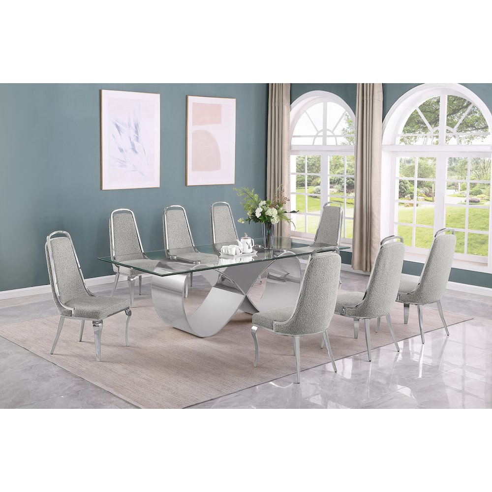9Pc Tempered Glass Dining Set 8 Rich Gray Boucle Side Chairs And A Silver Base