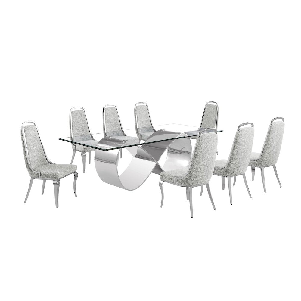 9Pc Tempered Glass Dining Set 8 Rich Gray Boucle Side Chairs And A Silver Base