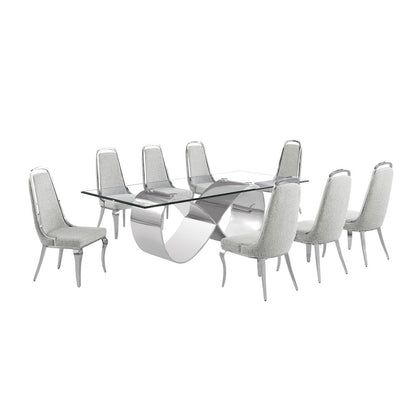 9Pc Tempered Glass Dining Set 8 Rich Gray Boucle Side Chairs And A Silver Base