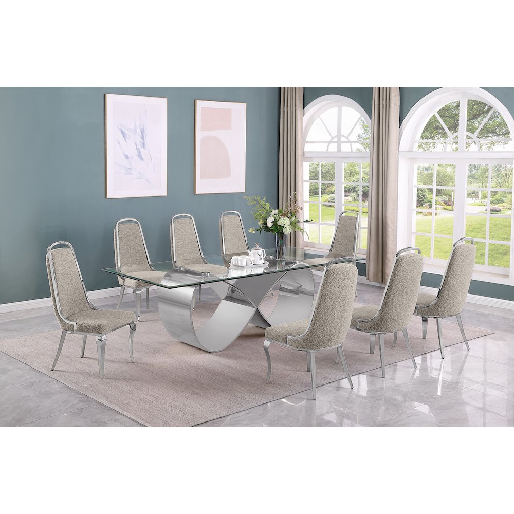 9Pc Tempered Glass Dining Set With 8 Gray Boucle Side Chairs And A Silver Base