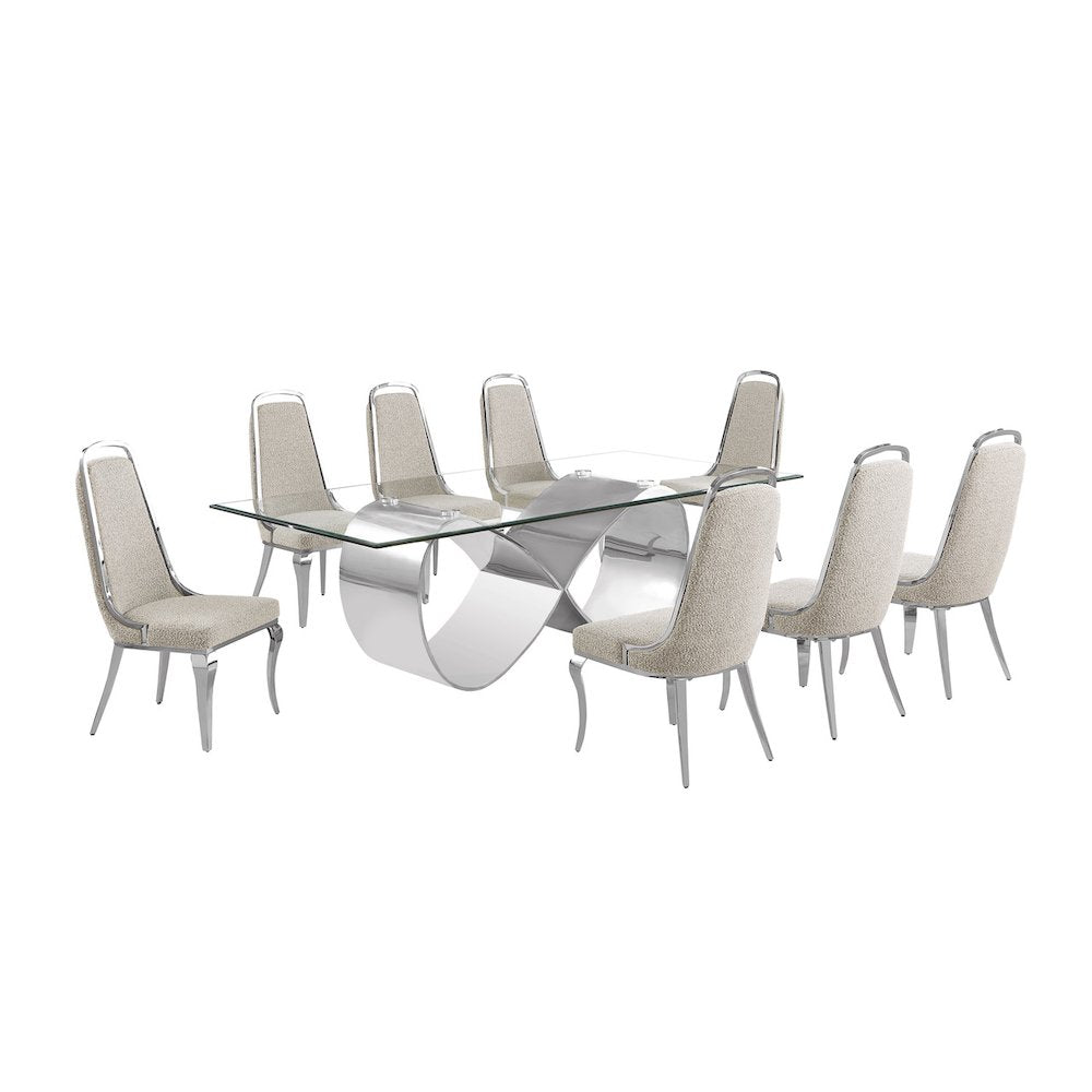 9Pc Tempered Glass Dining Set With 8 Gray Boucle Side Chairs And A Silver Base