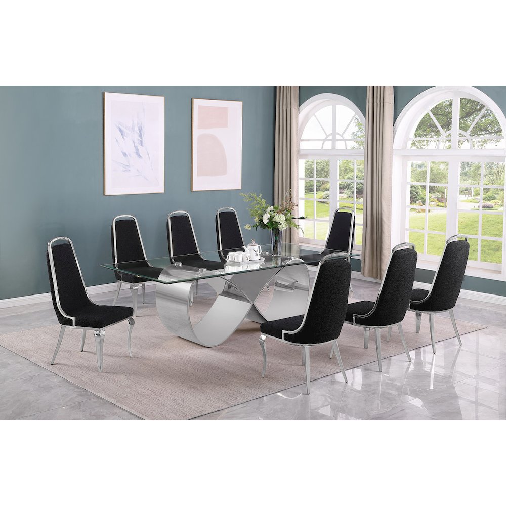 9Pc Tampered Glass Dining Set With 8 Black Boucle Side Chairs And A Silver Base