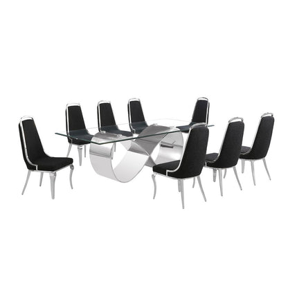 9Pc Tampered Glass Dining Set With 8 Black Boucle Side Chairs And A Silver Base