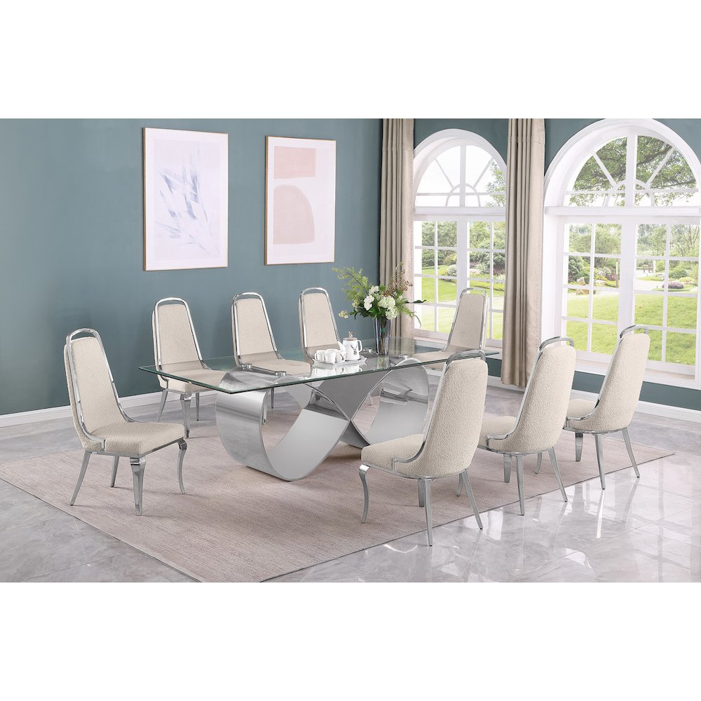 9Pc Tempered Glass Dining Set With 8 Cream Boucle Side Chairs And A Silver Base